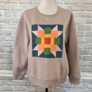 OOAK Upcycled Patchwork Quilt Block Sweatshirt Tan Boho XL